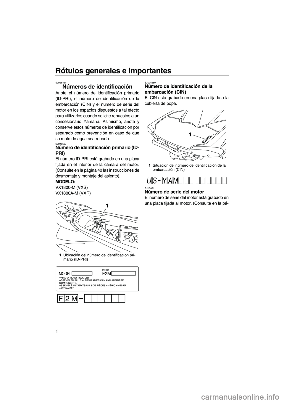 YAMAHA VXR 2013 Manuale de Empleo (in Spanish) Rótulos generales e importantes
1
SJU36451
Números de identificación
Anote el número de identificación primario
(ID-PRI), el número de identificación de la
embarcación (CIN) y el número de s YAMAHA VXR 2013 Manuale de Empleo (in Spanish) Rótulos generales e importantes
1
SJU36451
Números de identificación
Anote el número de identificación primario
(ID-PRI), el número de identificación de la
embarcación (CIN) y el número de s