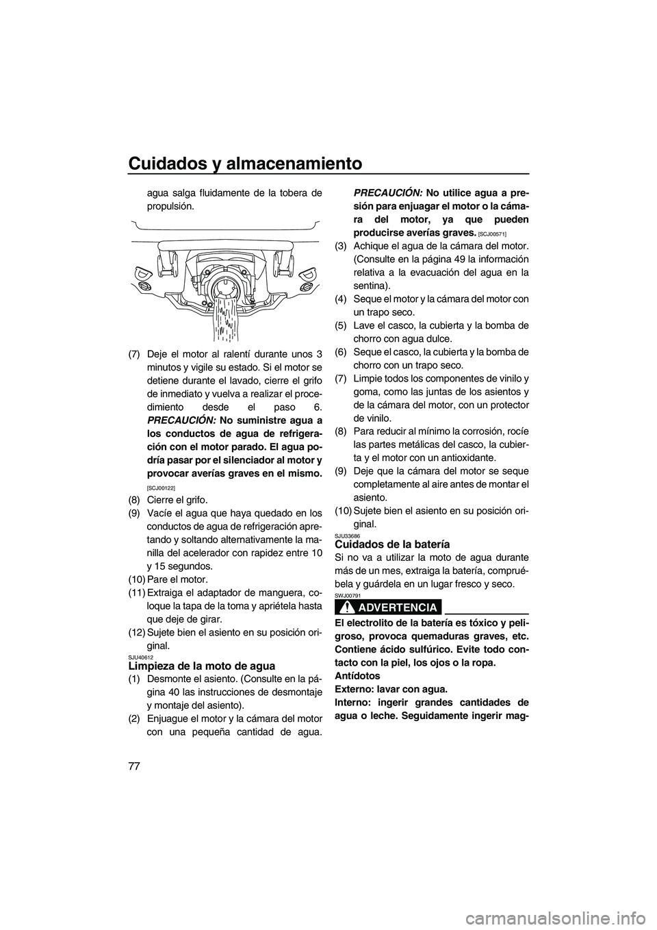 YAMAHA VXS 2013  Manuale de Empleo (in Spanish) Cuidados y almacenamiento
77
agua salga fluidamente de la tobera de
propulsión.
(7) Deje el motor al ralentí durante unos 3 minutos y vigile su estado. Si el motor se
detiene durante el lavado, cier