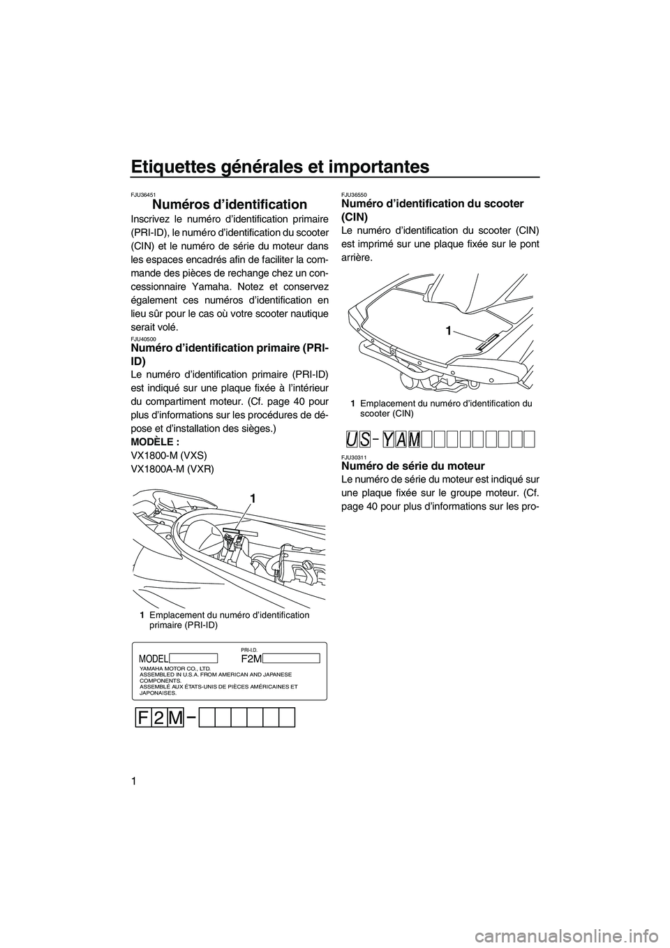 YAMAHA VXR 2013  Notices Demploi (in French) Etiquettes générales et importantes
1
FJU36451
Numéros d’identification 
Inscrivez le numéro d’identification primaire
(PRI-ID), le numéro d’identification du scooter
(CIN) et le numéro de