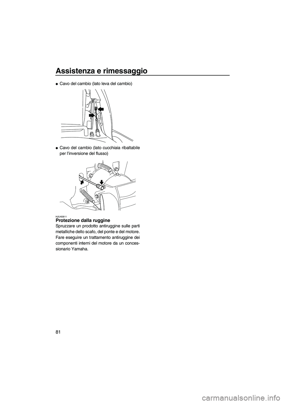 YAMAHA VXS 2013 Manuale duso (in Italian) Assistenza e rimessaggio
81
●Cavo del cambio (lato leva del cambio)
●Cavo del cambio (lato cucchiaia ribaltabile
per l’inversione del flusso)
HJU40811Protezione dalla ruggine
Spruzzare un prodo YAMAHA VXS 2013 Manuale duso (in Italian) Assistenza e rimessaggio
81
●Cavo del cambio (lato leva del cambio)
●Cavo del cambio (lato cucchiaia ribaltabile
per l’inversione del flusso)
HJU40811Protezione dalla ruggine
Spruzzare un prodo