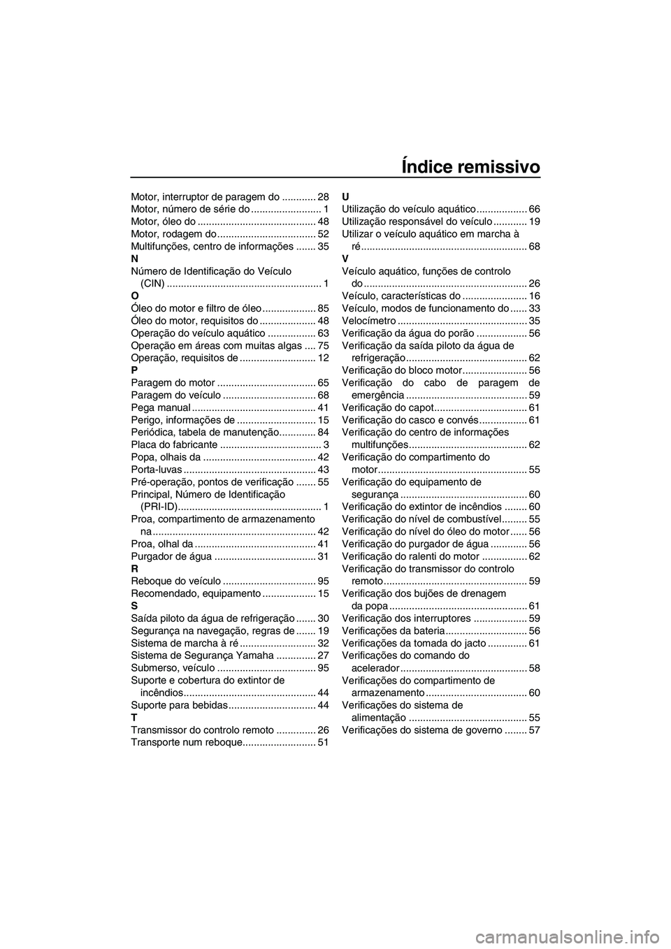 YAMAHA VXR 2013 Manual de utilização (in Portuguese) Índice remissivo
Motor, interruptor de paragem do ............ 28
Motor, número de série do ......................... 1
Motor, óleo do .......................................... 48
Motor, rodagem YAMAHA VXR 2013 Manual de utilização (in Portuguese) Índice remissivo
Motor, interruptor de paragem do ............ 28
Motor, número de série do ......................... 1
Motor, óleo do .......................................... 48
Motor, rodagem