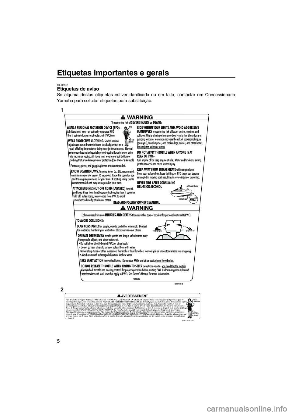 YAMAHA VXR 2013  Manual de utilização (in Portuguese) Etiquetas importantes e gerais
5
PJU35913Etiquetas de aviso 
Se alguma destas etiquetas estiver danificada ou em falta, contactar um Concessionário
Yamaha para solicitar etiquetas para substituição