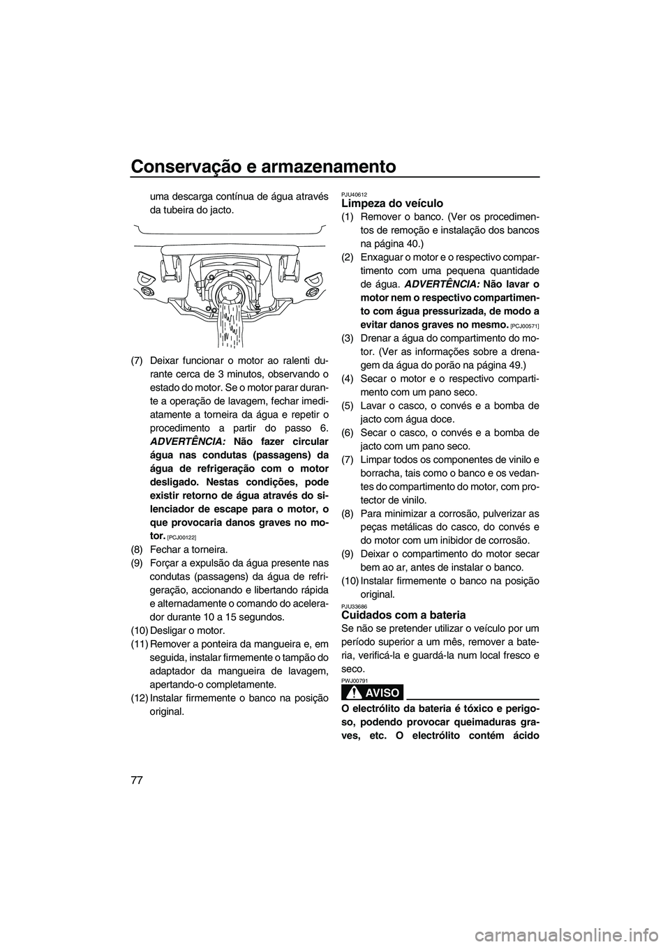 YAMAHA VXS 2013 Manual de utilização (in Portuguese) Conservação e armazenamento
77
uma descarga contínua de água através
da tubeira do jacto.
(7) Deixar funcionar o motor ao ralenti du- rante cerca de 3 minutos, observando o
estado do motor. Se o YAMAHA VXS 2013 Manual de utilização (in Portuguese) Conservação e armazenamento
77
uma descarga contínua de água através
da tubeira do jacto.
(7) Deixar funcionar o motor ao ralenti du- rante cerca de 3 minutos, observando o
estado do motor. Se o