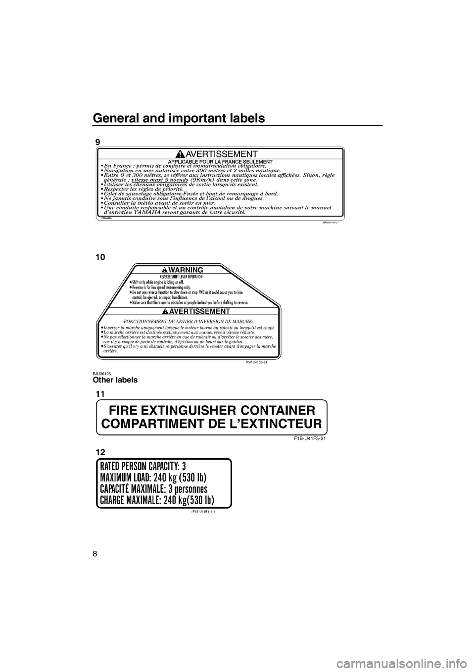 YAMAHA VXS 2012 User Guide General and important labels
8
EJU36125Other labels 
UF2M71E0.book  Page 8  Wednesday, June 29, 2011  9:27 AM 