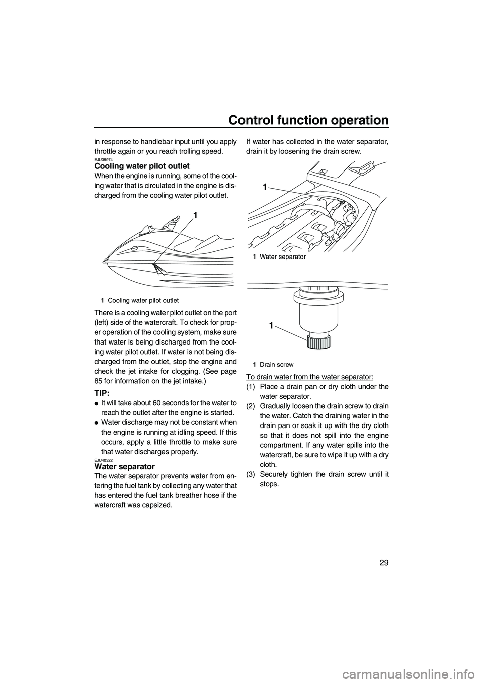 YAMAHA VXS 2012 Owners Guide Control function operation
29
in response to handlebar input until you apply
throttle again or you reach trolling speed.
EJU35974Cooling water pilot outlet 
When the engine is running, some of the coo