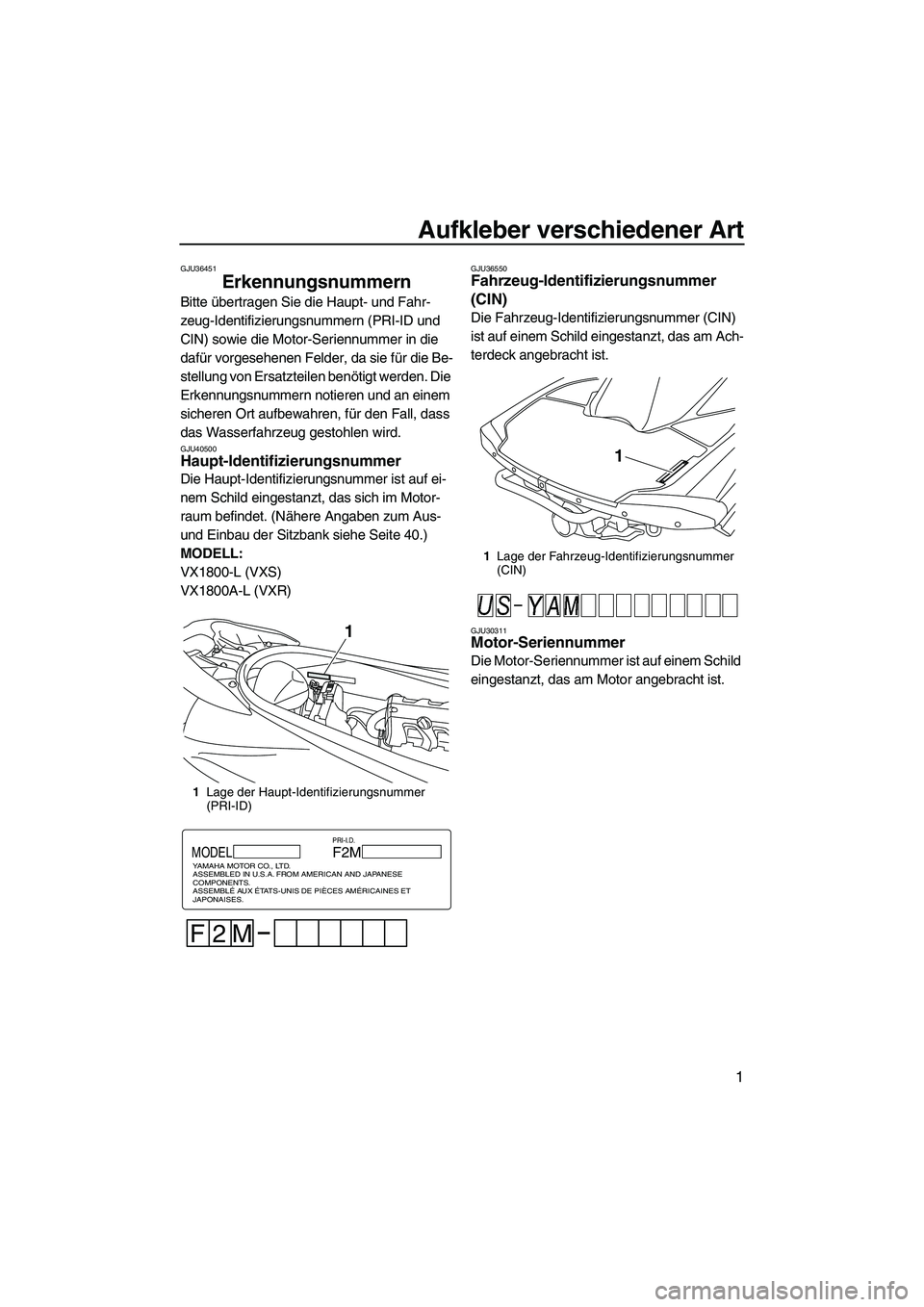YAMAHA VXS 2012 Betriebsanleitungen (in German) Aufkleber verschiedener Art
1
GJU36451
Erkennungsnummern
Bitte übertragen Sie die Haupt- und Fahr-
zeug-Identifizierungsnummern (PRI-ID und
CIN) sowie die Motor-Seriennummer in die
dafür vorgeseh YAMAHA VXS 2012 Betriebsanleitungen (in German) Aufkleber verschiedener Art
1
GJU36451
Erkennungsnummern
Bitte übertragen Sie die Haupt- und Fahr-
zeug-Identifizierungsnummern (PRI-ID und
CIN) sowie die Motor-Seriennummer in die
dafür vorgeseh