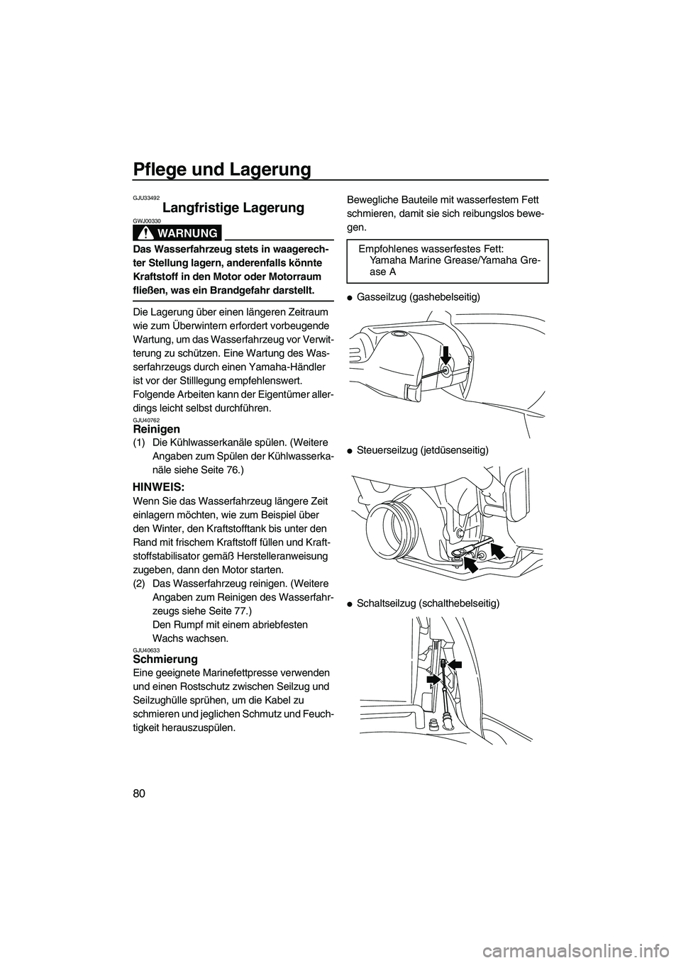 YAMAHA VXS 2012  Betriebsanleitungen (in German) Pflege und Lagerung
80
GJU33492
Langfristige Lagerung 
WARNUNG
GWJ00330
Das Wasserfahrzeug stets in waagerech-
ter Stellung lagern, anderenfalls könnte 
Kraftstoff in den Motor oder Motorraum 
fließ
