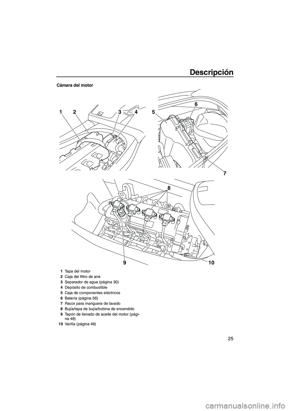 YAMAHA VXR 2012  Manuale de Empleo (in Spanish) Descripción
25
Cámara del motor
7 5
6
8
10 9
2143
1Tapa del motor
2Caja del filtro de aire
3Separador de agua (página 30)
4Depósito de combustible
5Caja de componentes eléctricos
6Batería (pági