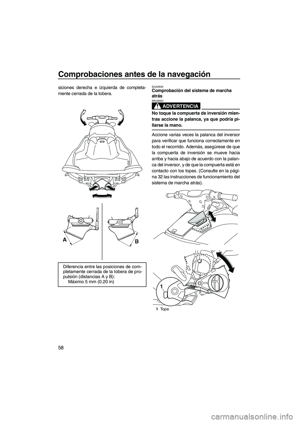 YAMAHA VXS 2012 Manuale de Empleo (in Spanish) Comprobaciones antes de la navegación
58
siciones derecha e izquierda de completa-
mente cerrada de la tobera.SJU32634Comprobación del sistema de marcha
atrás
ADVERTENCIA
SWJ00031
No toque la com YAMAHA VXS 2012 Manuale de Empleo (in Spanish) Comprobaciones antes de la navegación
58
siciones derecha e izquierda de completa-
mente cerrada de la tobera.SJU32634Comprobación del sistema de marcha
atrás
ADVERTENCIA
SWJ00031
No toque la com