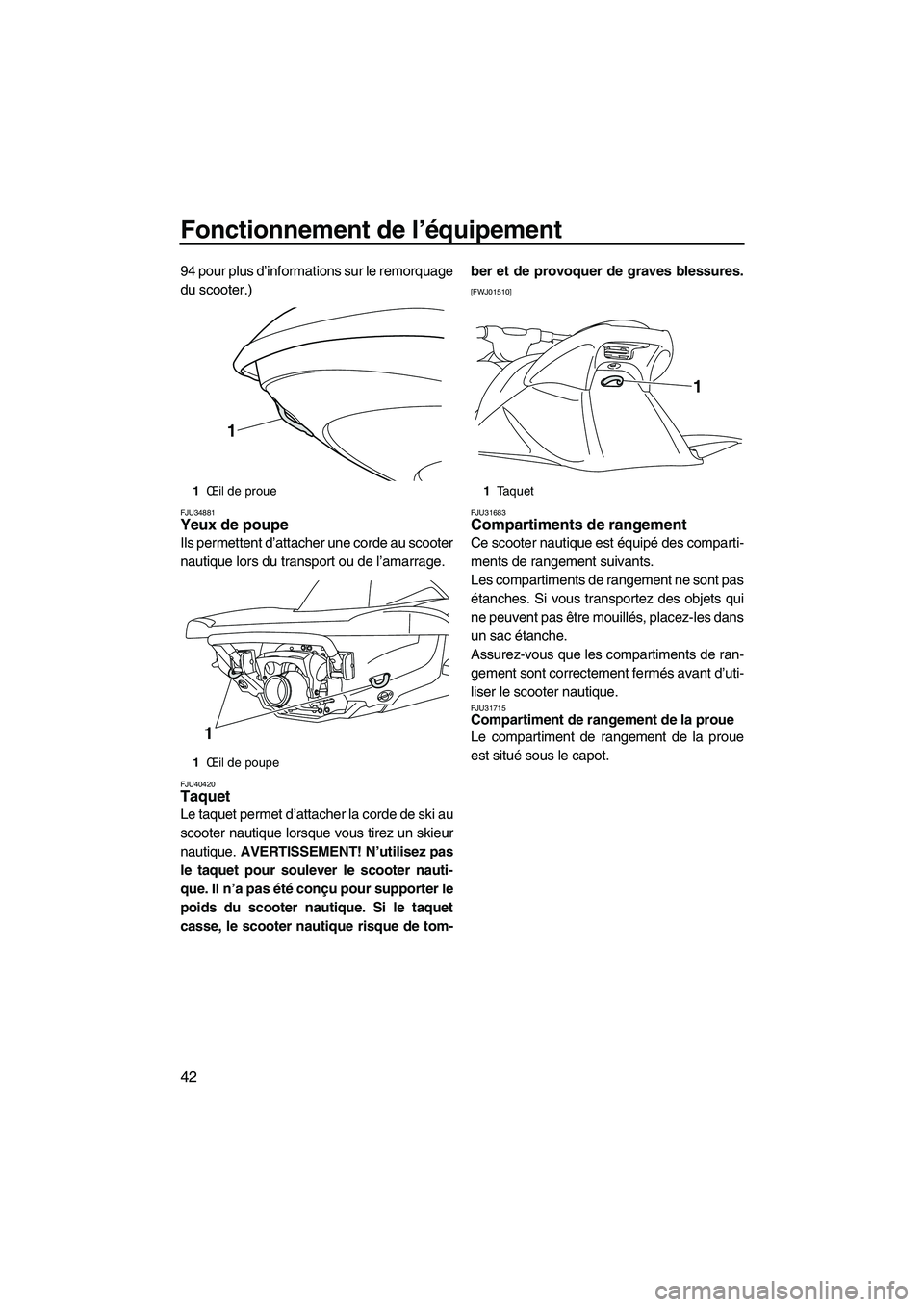 YAMAHA VXS 2012  Notices Demploi (in French) Fonctionnement de l’équipement
42
94 pour plus d’informations sur le remorquage
du scooter.)
FJU34881Yeux de poupe 
Ils permettent d’attacher une corde au scooter
nautique lors du transport ou 