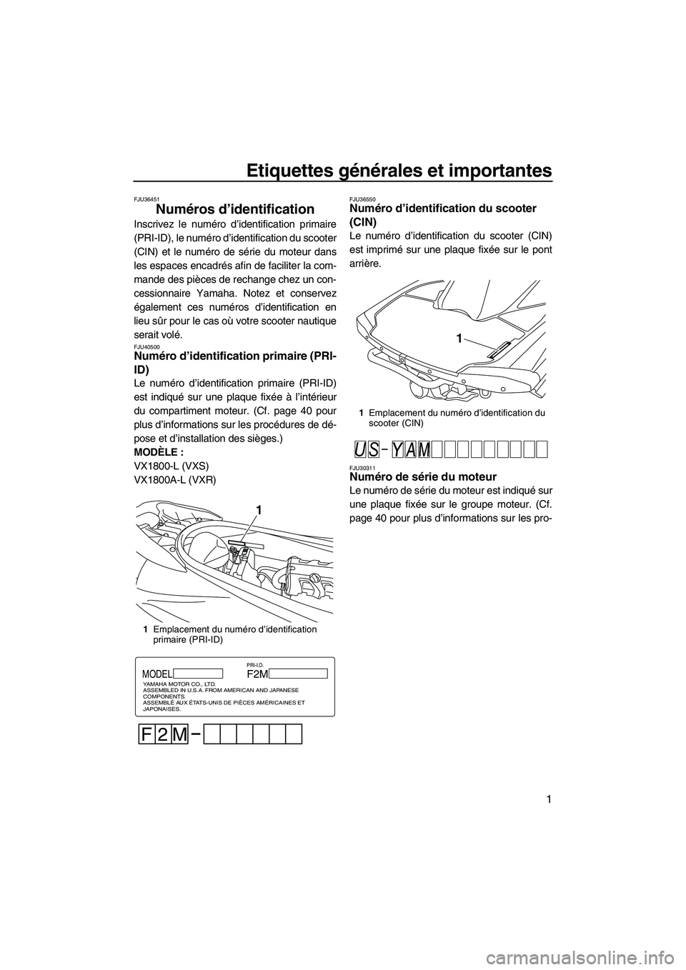 YAMAHA VXR 2012  Notices Demploi (in French) Etiquettes générales et importantes
1
FJU36451
Numéros d’identification 
Inscrivez le numéro d’identification primaire
(PRI-ID), le numéro d’identification du scooter
(CIN) et le numéro de