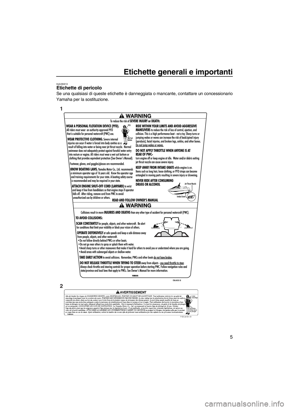 YAMAHA VXR 2012  Manuale duso (in Italian) Etichette generali e importanti
5
HJU35913Etichette di pericolo 
Se una qualsiasi di queste etichette è danneggiata o mancante, contattare un concessionario
Yamaha per la sostituzione.
1
2
UF2M71H0.b
