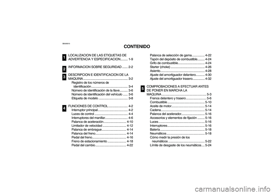 YAMAHA WARRIOR 350 2004  Manuale de Empleo (in Spanish) SBU00015
CONTENIDO
LOCALIZACION DE LAS ETIQUETAS DE 
ADVERTENCIA Y ESPECIFICACION......... 1-9
INFORMACION SOBRE SEGURIDAD ....... 2-2
DESCRIPCION E IDENTIFICACION DE LA 
MAQUINA .....................