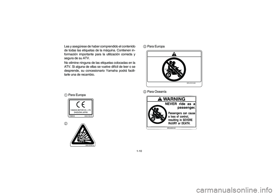 YAMAHA WARRIOR 350 2004  Manuale de Empleo (in Spanish) 1-10
Lea y asegúrese de haber comprendido el contenido
de todas las etiquetas de la máquina. Contienen in-
formación importante para la utilización correcta y
segura de su ATV.
No elimine ninguna 