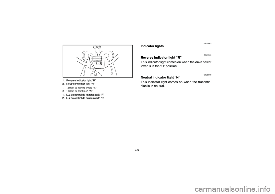 YAMAHA WARRIOR 350 2004  Notices Demploi (in French) 4-3 1. Reverse indicator light “R”
2. Neutral indicator light “N”
1. Témoin de marche arrière “R”
2. Témoin de point mort “N”
1. Luz de control de marcha atrás “R”
2. Luz de co