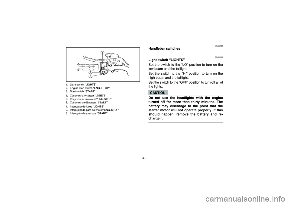 YAMAHA WARRIOR 350 2004  Manuale de Empleo (in Spanish) 4-5 1. Light switch “LIGHTS”
2. Engine stop switch “ENG. STOP”
3. Start switch “START”
1. Contacteur d’éclairage “LIGHTS”
2. Coupe-circuit du moteur “ENG. STOP”
3. Contacteur du