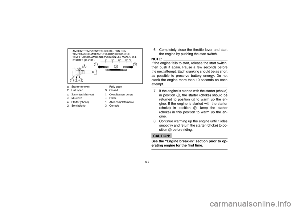 YAMAHA WARRIOR 350 2003  Owners Manual 6-7 a. Starter (choke) 1. Fully open
2. Half open 3. Closed
a. Starter (enrichisseur) 1. Complètement ouvert
2. Mi-ouvert 3. Fermé
a. Starter (choke) 1. Abre completamente
2. Semiabierto 3. Cerrado
