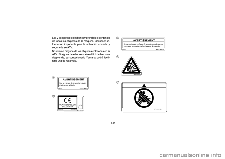 YAMAHA WARRIOR 350 2003  Notices Demploi (in French) 1-10
Lea y asegúrese de haber comprendido el contenido
de todas las etiquetas de la máquina. Contienen in-
formación importante para la utilización correcta y
segura de su ATV.
No elimine ninguna 