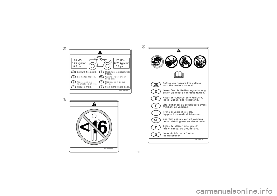 YAMAHA WARRIOR 350 2003  Manuale de Empleo (in Spanish) 1-11
6
87
5NF-21696-M0
25 kPa
0.25 kgf/cm
2
3.6 psi
25 kPa
0.25 kgf/cm
2
3.6 psi
GBDEF
INLPS
Set with tires cold.
Pneus à froid. Bei kalten Reifen.
Ajuste con los
neumáticos an frío.Impostare a pne