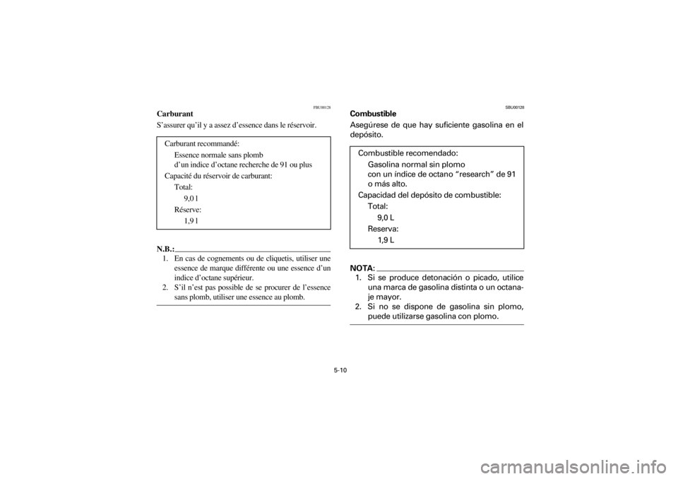 YAMAHA WARRIOR 350 2001  Notices Demploi (in French)  
5-10 
Yuki_Data:Yuki_data:Yuki:Yuki_1:ATV:HM00B067_YFM350X-60:YFM350-5.frame 
ER 
FBU00128 
Carburant 
S’assurer qu’il y a assez d’essence dans le réservoir.
N.B.:
 
1. En cas de cognements o