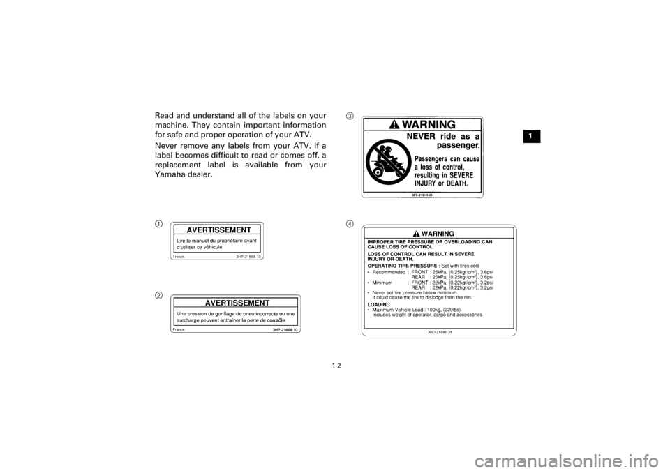 YAMAHA WARRIOR 350 2001  Manuale de Empleo (in Spanish)  
1-2 
Yuki_Data:Yuki_data:Yuki:Yuki_1:ATV:HM00B067_YFM350X-60:YFM350-1.frame 
R 
Read and understand all of the labels on your
machine. They contain important information
for safe and proper operatio