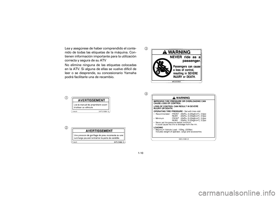 YAMAHA WARRIOR 350 2001  Notices Demploi (in French)  
1-10 
Yuki_Data:Yuki_data:Yuki:Yuki_1:ATV:HM00B067_YFM350X-60:YFM350-1.frame 
R 
Lea y asegúrese de haber comprendido el conte-
nido de todas las etiquetas de la máquina. Con-
tienen información 