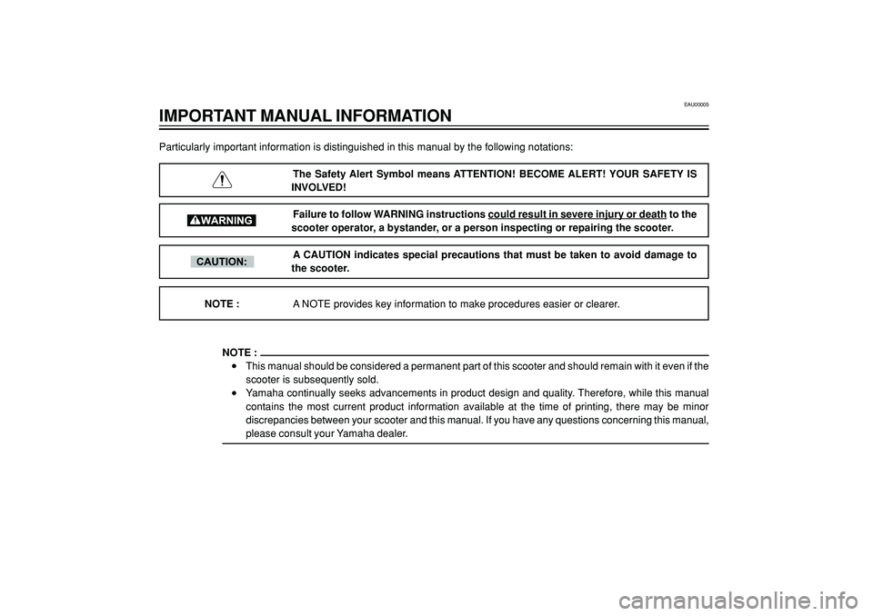YAMAHA WHY 50 2003  Owners Manual EAU00005
IMPORTANT MANUAL INFORMATION
Particularly important information is distinguished in this manual by the following notations:
The Safety Alert Symbol means ATTENTION! BECOME ALERT! YOUR SAFETY 