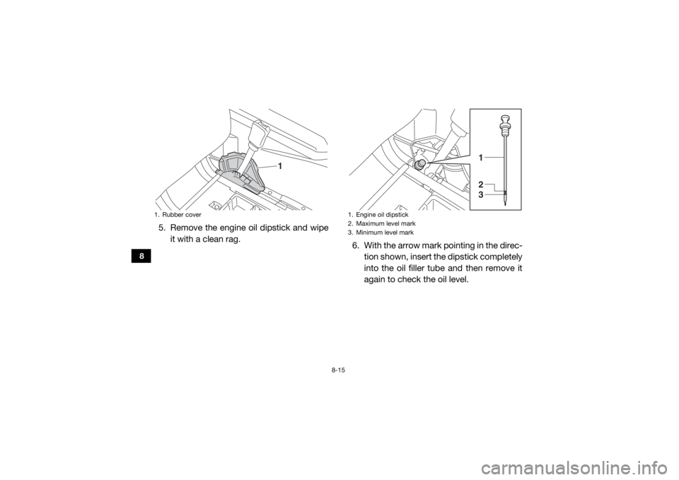 YAMAHA WOLVERINE 2018  Owners Manual 8-15
8
5. Remove the engine oil dipstick and wipeit with a clean rag. 6. With the arrow mark pointing in the direc-
tion shown, insert the dipstick completely
into the oil filler tube and then remove 