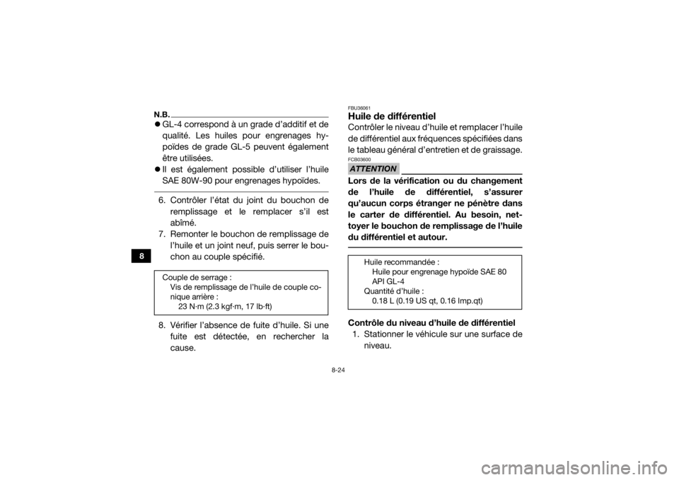 YAMAHA WOLVERINE 2018  Notices Demploi (in French) 8-24
8
N.B.GL-4 correspond à un grade d’additif et de
qualité. Les huiles pour engrenages hy-
poïdes de grade GL-5 peuvent également
être utilisées.
 Il est également possible d’utili
