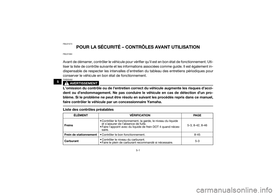YAMAHA WOLVERINE 2018  Notices Demploi (in French) 5-1
5
FBU31574
POUR LA SÉCURITÉ – CONTRÔLES AVANT UTILISATION
FBU31584Avant de démarrer, contrôler le véhicule pour vérifier qu’il est en bon état de fonctionnement. Uti-
liser la liste de