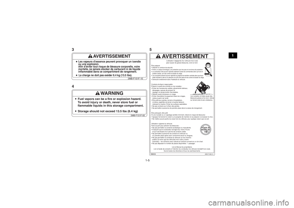 YAMAHA WOLVERINE 2017 User Guide 1-5
1
AVERTISSEMENT
La charge ne doit pas exéder 6.4 kg (13.5 lbs).Les vapeurs d’essence peuvent provoquer un icendie
ou une explosion.
Afin d’éviter tout risque de blessure corporelle, voire
mo