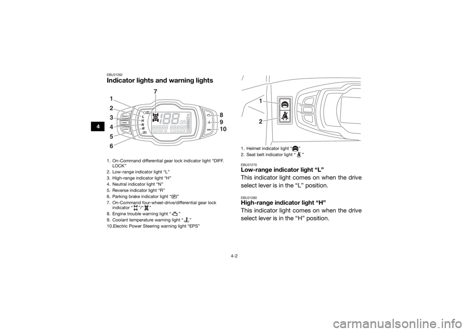 YAMAHA WOLVERINE 2017  Owners Manual 4-2
4
EBU31262Indicator lights and warning lights
EBU31270Low-range indicator light “L”
This indicator light comes on when the drive
select lever is in the “L” position.EBU31280High-range indi