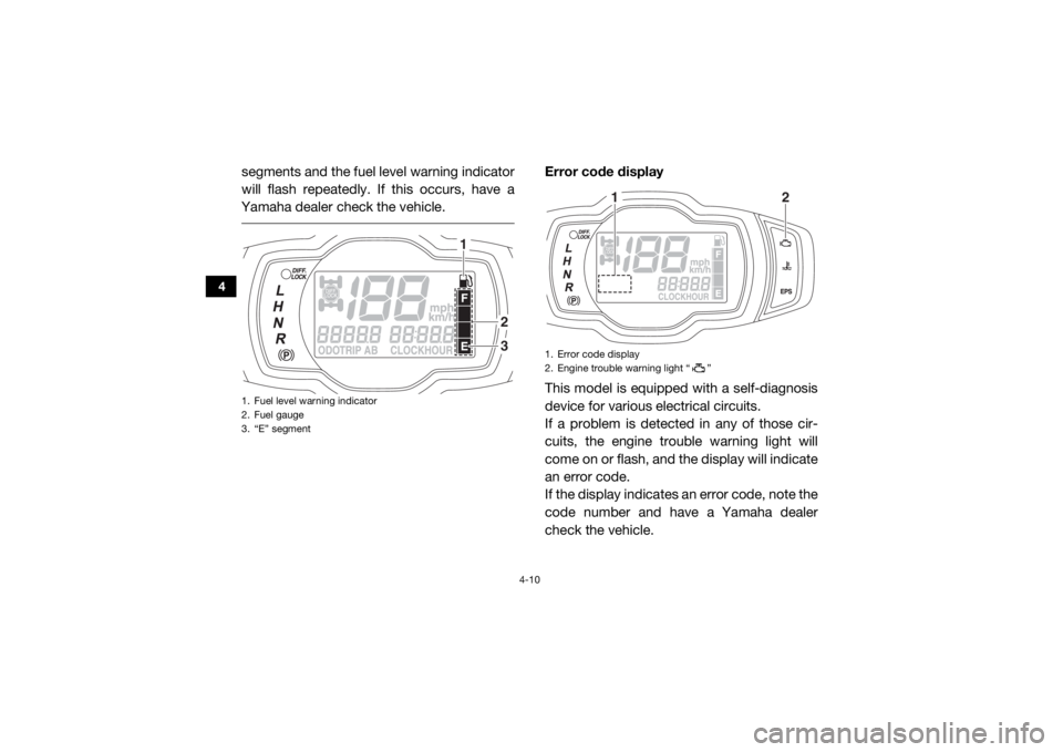YAMAHA WOLVERINE 2017 Service Manual 4-10
4
segments and the fuel level warning indicator
will flash repeatedly. If this occurs, have a
Yamaha dealer check the vehicle.
Error code display
This model is equipped with a self-diagnosis
dev YAMAHA WOLVERINE 2017 Service Manual 4-10
4
segments and the fuel level warning indicator
will flash repeatedly. If this occurs, have a
Yamaha dealer check the vehicle.
Error code display
This model is equipped with a self-diagnosis
dev