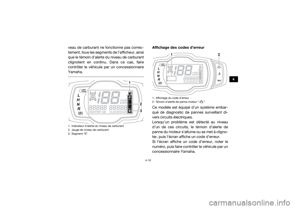 YAMAHA WOLVERINE 2017  Notices Demploi (in French) 4-10
4
veau de carburant ne fonctionne pas correc-
tement, tous les segments de l’afficheur, ainsi
que le témoin d’alerte du niveau de carburant
clignotent en continu. Dans ce cas, faire
contrôl