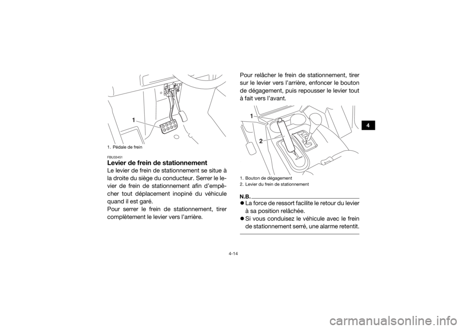 YAMAHA WOLVERINE 2017 Notices Demploi (in French) 4-14
4
FBU33451Levier de frein de stationnementLe levier de frein de stationnement se situe à
la droite du siège du conducteur. Serrer le le-
vier de frein de stationnement afin d’empê-
cher tout YAMAHA WOLVERINE 2017 Notices Demploi (in French) 4-14
4
FBU33451Levier de frein de stationnementLe levier de frein de stationnement se situe à
la droite du siège du conducteur. Serrer le le-
vier de frein de stationnement afin d’empê-
cher tout