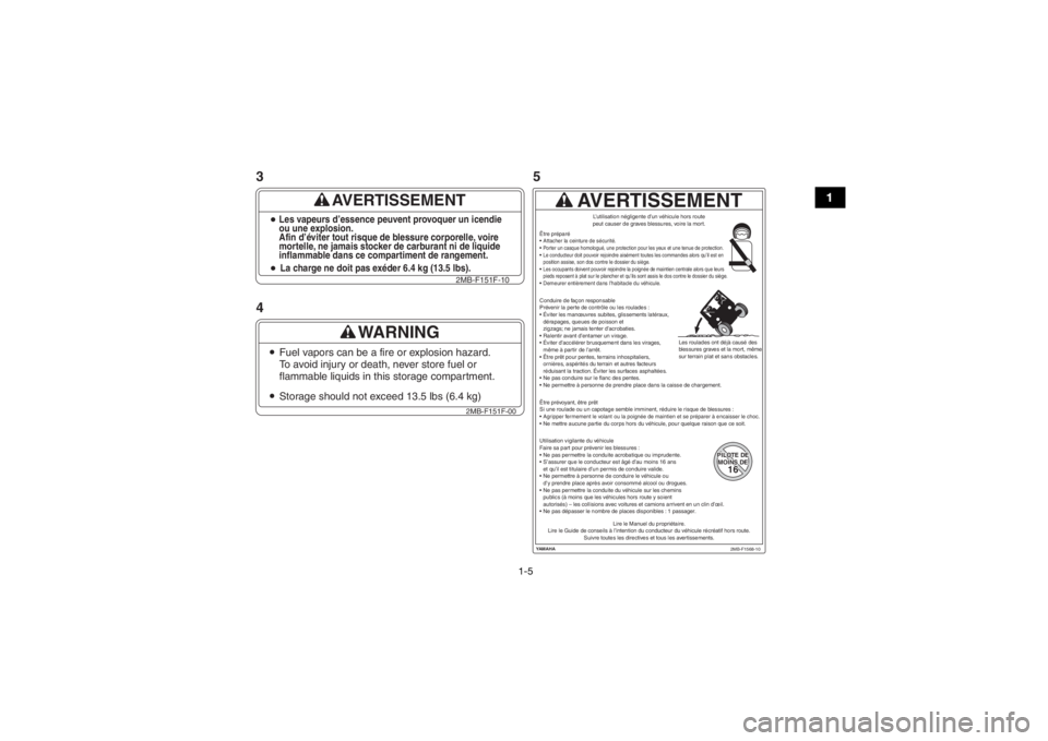 YAMAHA WOLVERINE 2016 Owners Manual 1-5
1
AVERTISSEMENT
La charge ne doit pas exéder 6.4 kg (13.5 lbs).Les vapeurs d’essence peuvent provoquer un icendie
ou une explosion.
Afin d’éviter tout risque de blessure corporelle, voire
mo YAMAHA WOLVERINE 2016 Owners Manual 1-5
1
AVERTISSEMENT
La charge ne doit pas exéder 6.4 kg (13.5 lbs).Les vapeurs d’essence peuvent provoquer un icendie
ou une explosion.
Afin d’éviter tout risque de blessure corporelle, voire
mo