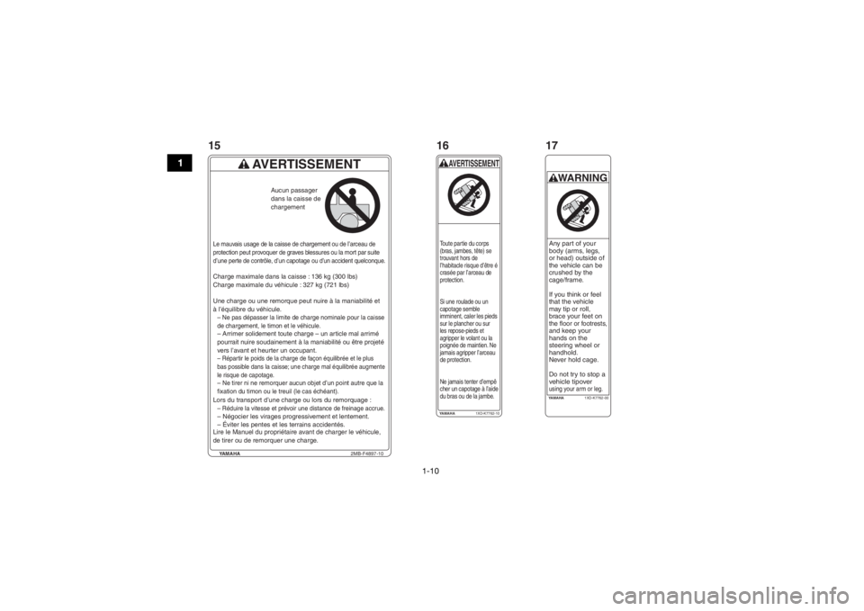 YAMAHA WOLVERINE 2016 User Guide 1-10
1
YAMAHA2MB-F4897-10
AVERTISSEMENT
Charge maximale dans la caisse : 136 kg (300 lbs)
Charge maximale du véhicule : 327 kg (721 lbs)
Une charge ou une remorque peut nuire à la maniabilité et
YAMAHA WOLVERINE 2016 User Guide 1-10
1
YAMAHA2MB-F4897-10
AVERTISSEMENT
Charge maximale dans la caisse : 136 kg (300 lbs)
Charge maximale du véhicule : 327 kg (721 lbs)
Une charge ou une remorque peut nuire à la maniabilité et