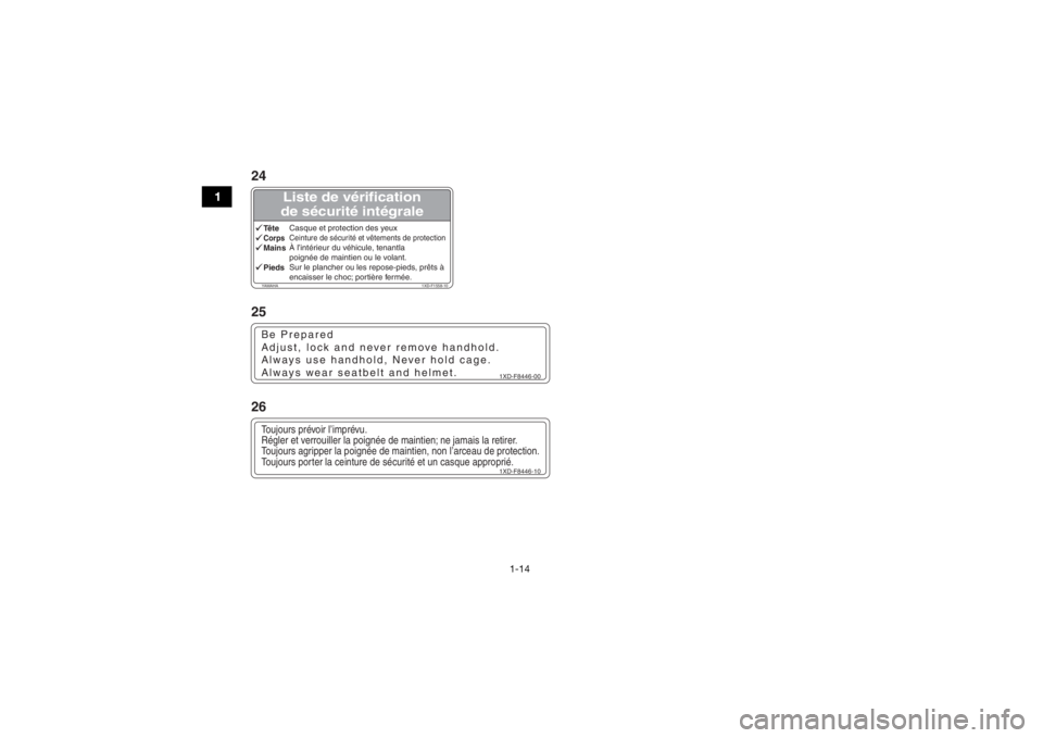 YAMAHA WOLVERINE 2016 Owners Manual 1-14
1
Liste de vérification
de sécurité intégrale
YAMAHA 1XD-F1558-10TêteCasque et protection des yeuxCorps Ceinture de sécurité et vêtements de protectionMainsÀ l’intérieur du véhicule YAMAHA WOLVERINE 2016 Owners Manual 1-14
1
Liste de vérification
de sécurité intégrale
YAMAHA 1XD-F1558-10TêteCasque et protection des yeuxCorps Ceinture de sécurité et vêtements de protectionMainsÀ l’intérieur du véhicule