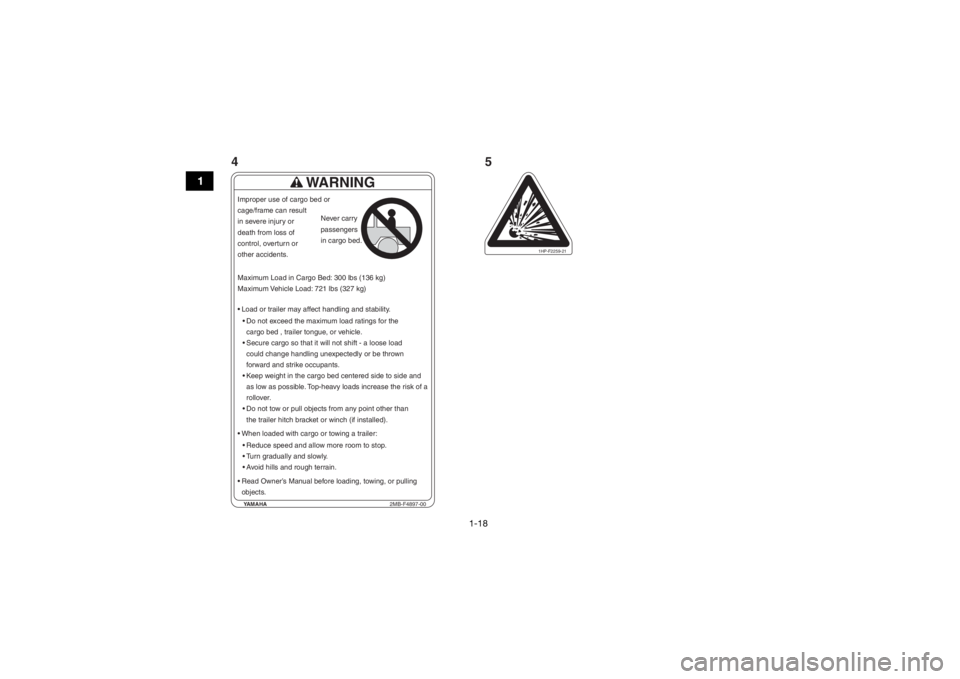 YAMAHA WOLVERINE 2016 Owners Manual 1-18
1
YAMAHA2MB-F4897-00
WARNING
Load or trailer may affect handling and stability.
Do not exceed the maximum load ratings for thecargo bed , trailer tongue, or vehicle.
When loaded with cargo or YAMAHA WOLVERINE 2016 Owners Manual 1-18
1
YAMAHA2MB-F4897-00
WARNING
Load or trailer may affect handling and stability.
Do not exceed the maximum load ratings for thecargo bed , trailer tongue, or vehicle.
When loaded with cargo or
