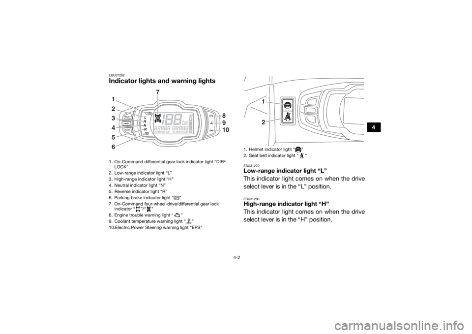 YAMAHA WOLVERINE 2016 Owners Manual 4-2
4
EBU31262Indicator lights and warning lights
EBU31270Low-range indicator light “L”
This indicator light comes on when the drive
select lever is in the “L” position.EBU31280High-range indi YAMAHA WOLVERINE 2016 Owners Manual 4-2
4
EBU31262Indicator lights and warning lights
EBU31270Low-range indicator light “L”
This indicator light comes on when the drive
select lever is in the “L” position.EBU31280High-range indi