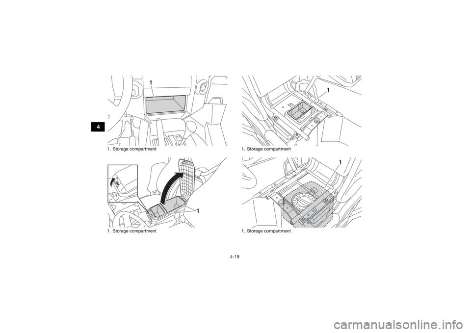 YAMAHA WOLVERINE 2016 Workshop Manual 4-19
4
1. Storage compartment
1. Storage compartment
1
1
1. Storage compartment
1. Storage compartment
1
1
UBN57AE0.book  Page 19  Tuesday, November 24, 2015  1:42 PM 