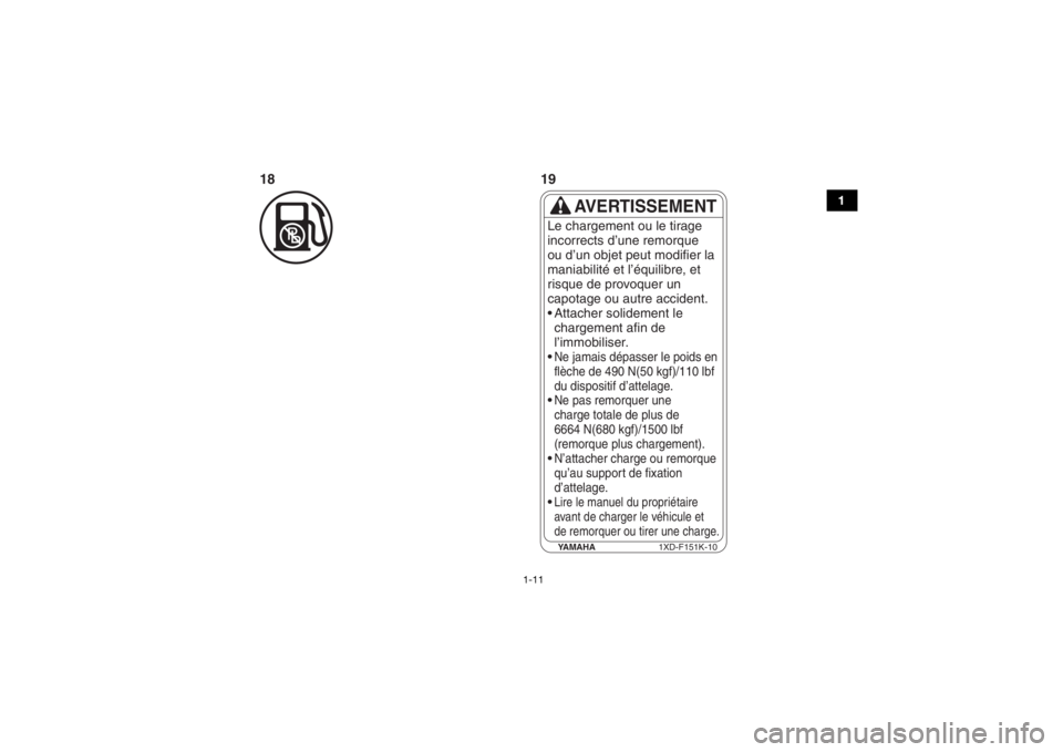 YAMAHA WOLVERINE 2016  Notices Demploi (in French) 1-11
1
YAMAHA1XD-F151K-10
AVERTISSEMENT
Le chargement ou le tirage 
incorrects d’une remorque
ou d’un objet peut modifier la
maniabilité et l’équilibre, et
risque de provoquer un
capotage ou a