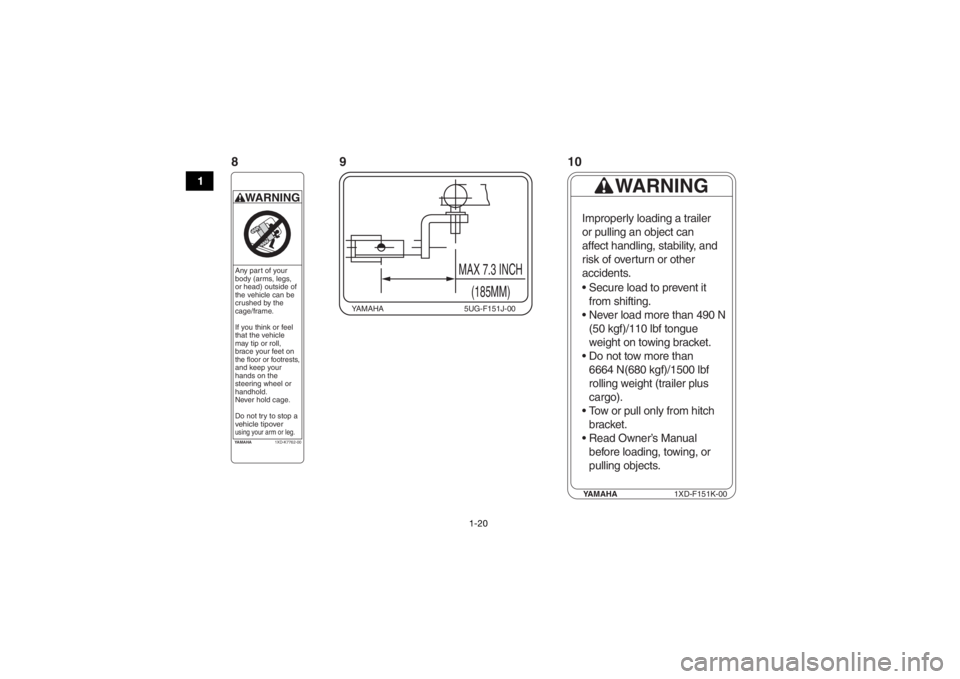 YAMAHA WOLVERINE 2016  Notices Demploi (in French) 1-20
1
YAMAHA5UG-F151J-00
MAX 7.3 INCH
(185MM)
YAMAHA 1XD-F151K-00
WARNING
Improperly loading a trailer 
or pulling an object can
affect handling, stability, and
risk of overturn or other
accidents.
 