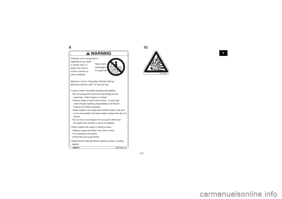 YAMAHA WOLVERINE 2015 User Guide 1-7
1
YAMAHA2MB-F4897-00
WARNING
Load or trailer may affect handling and stability.
Do not exceed the maximum load ratings for thecargo bed , trailer tongue, or vehicle.
When loaded with cargo or t YAMAHA WOLVERINE 2015 User Guide 1-7
1
YAMAHA2MB-F4897-00
WARNING
Load or trailer may affect handling and stability.
Do not exceed the maximum load ratings for thecargo bed , trailer tongue, or vehicle.
When loaded with cargo or t