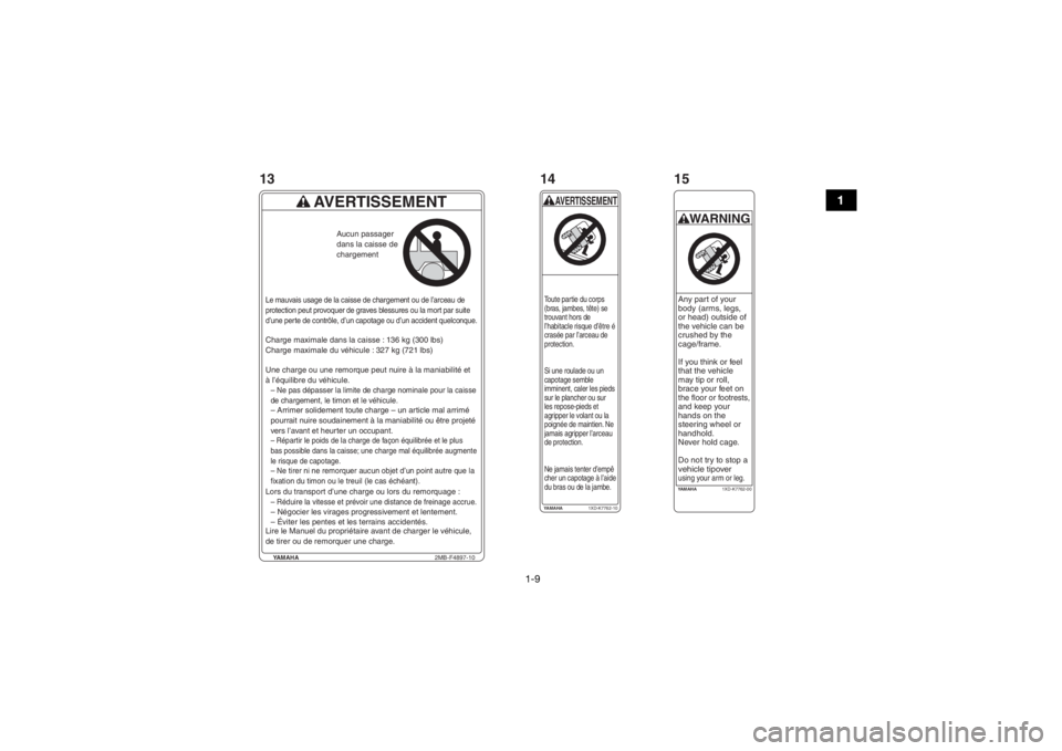 YAMAHA WOLVERINE 2015 User Guide 1-9
1
YAMAHA2MB-F4897-10
AVERTISSEMENT
Charge maximale dans la caisse : 136 kg (300 lbs)
Charge maximale du véhicule : 327 kg (721 lbs)
Une charge ou une remorque peut nuire à la maniabilité et
à YAMAHA WOLVERINE 2015 User Guide 1-9
1
YAMAHA2MB-F4897-10
AVERTISSEMENT
Charge maximale dans la caisse : 136 kg (300 lbs)
Charge maximale du véhicule : 327 kg (721 lbs)
Une charge ou une remorque peut nuire à la maniabilité et
Ã