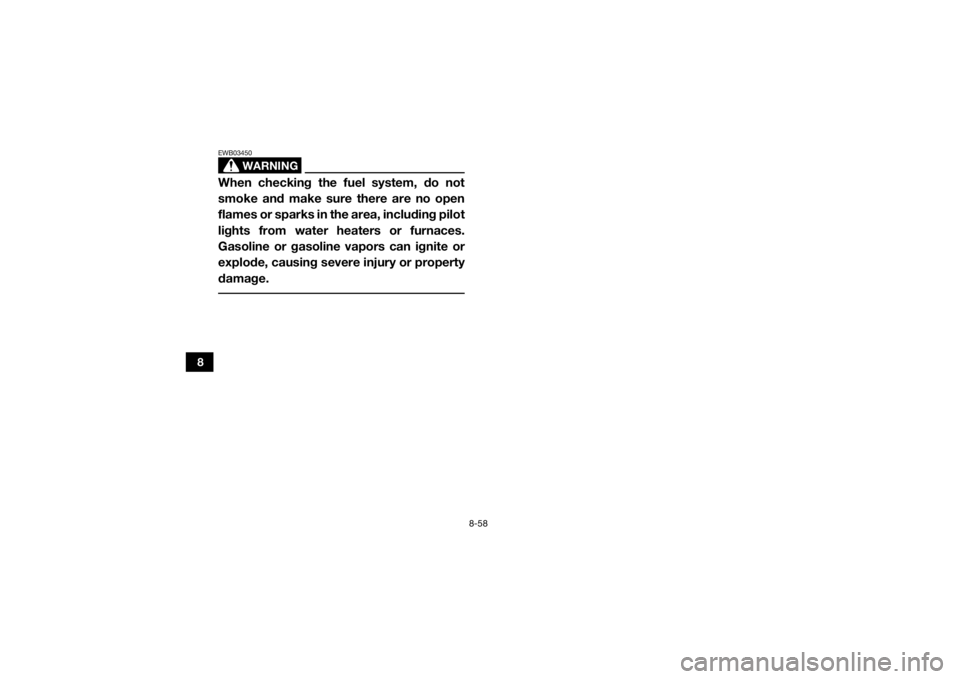 YAMAHA WOLVERINE 2015  Owners Manual 8-58
8
WARNING
EWB03450When checking the fuel system, do not
smoke and make sure there are no open
flames or sparks in the area, including pilot
lights from water heaters or furnaces.
Gasoline or gaso