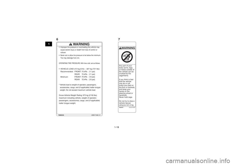 YAMAHA WOLVERINE 2015 Owners Manual 1-18
1
YAMAHA2MB-F1696-10
WARNING
Improper tire pressure or overloading this vehicle may
cause severe injury or death from loss of control or
rollover.Never set or allow tire pressure to be below the YAMAHA WOLVERINE 2015 Owners Manual 1-18
1
YAMAHA2MB-F1696-10
WARNING
Improper tire pressure or overloading this vehicle may
cause severe injury or death from loss of control or
rollover.Never set or allow tire pressure to be below the