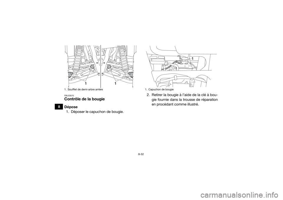 YAMAHA WOLVERINE 2015 Notices Demploi (in French) 8-32
8
FBU33570Contrôle de la bougieDépose1. Déposer le capuchon de bougie. 2. Retirer la bougie à l’aide de la clé à bou-
gie fournie dans la trousse de réparation
en procédant comme illust YAMAHA WOLVERINE 2015 Notices Demploi (in French) 8-32
8
FBU33570Contrôle de la bougieDépose1. Déposer le capuchon de bougie. 2. Retirer la bougie à l’aide de la clé à bou-
gie fournie dans la trousse de réparation
en procédant comme illust