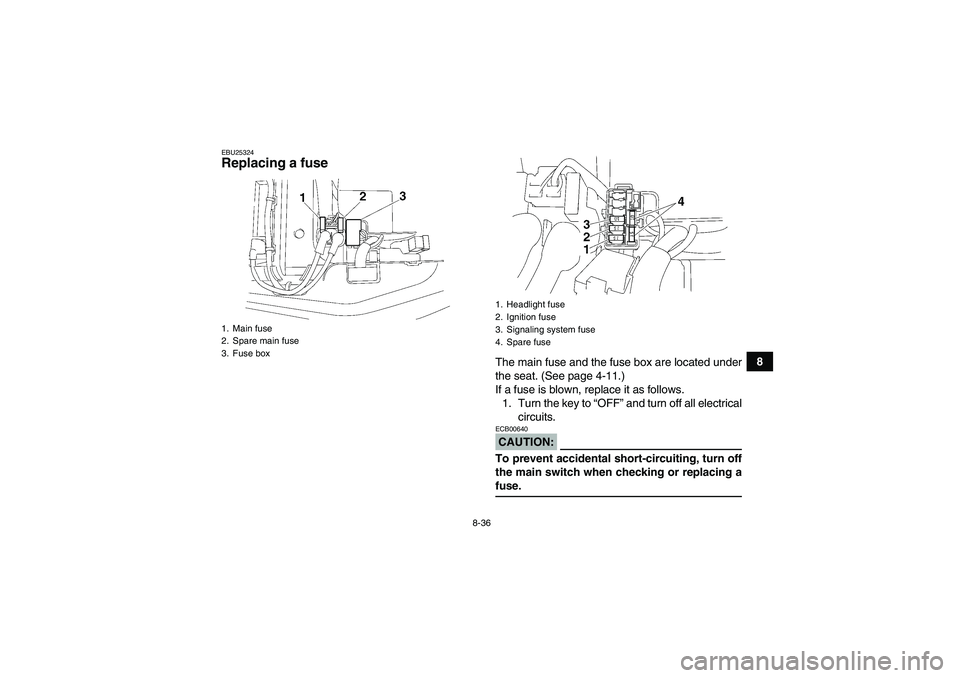 YAMAHA WOLVERINE 350 2008  Owners Manual 8-36
8
EBU25324Replacing a fuse 
The main fuse and the fuse box are located under
the seat. (See page 4-11.)
If a fuse is blown, replace it as follows.
1. Turn the key to “OFF” and turn off all el
