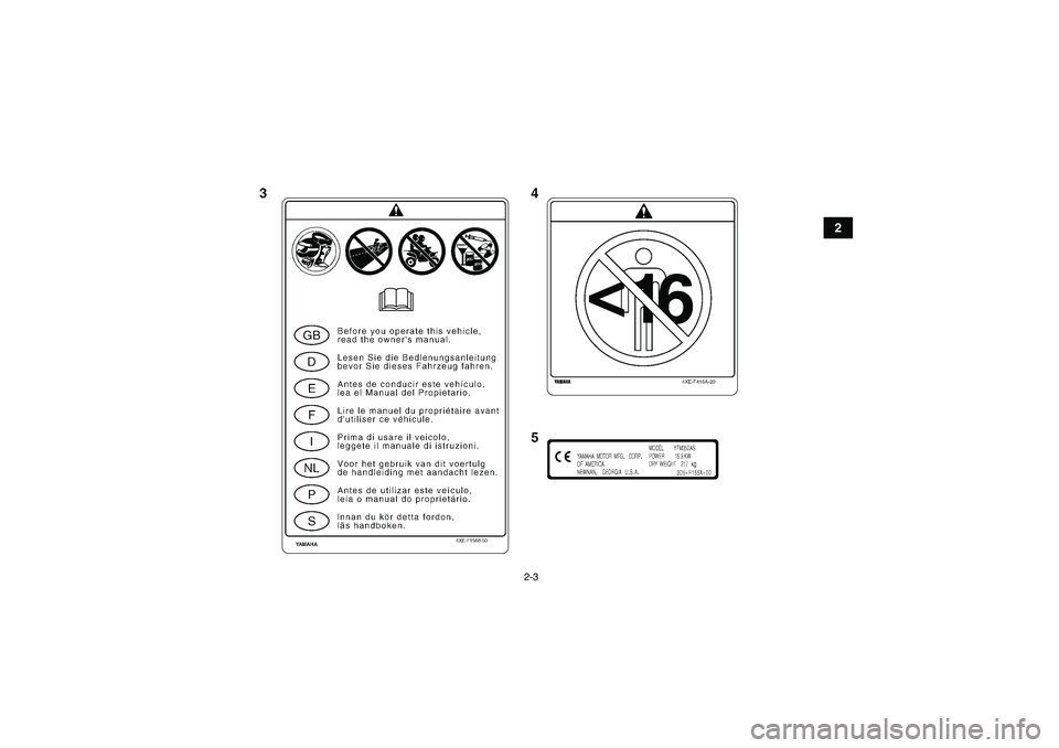 YAMAHA WOLVERINE 350 2008 User Guide 2-3
2
U3D562E0.book  Page 3  Wednesday, June 6, 2007  12:58 PM 